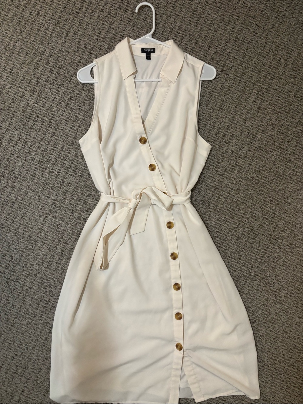 Express Sleeveless Cream Midi Shirt Dress with Belt and Buttons (Ivory)